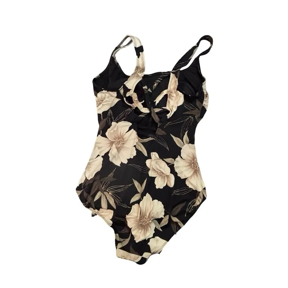 LONGITUDE 1 Pc Swimsuit Women’s 14 Black + Creamy Floral Crisscross Center Back